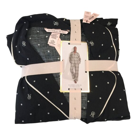 VICTORIA'S SECRET Ladies Size Large 2 Piece Flannel Long PJ Black Polka Dot - Picture 1 of 4